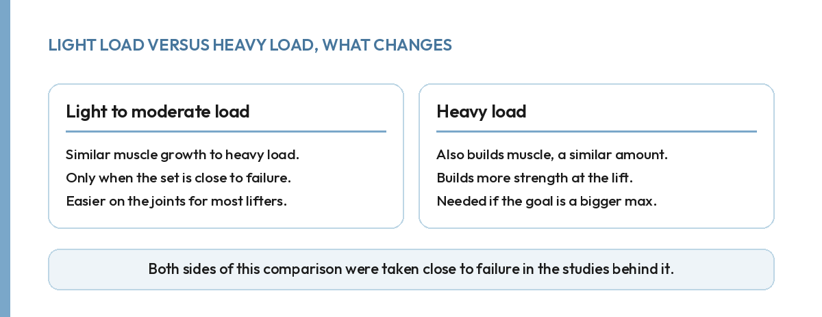 Comparison of light and heavy load training, similar muscle growth but heavy load builds more strength